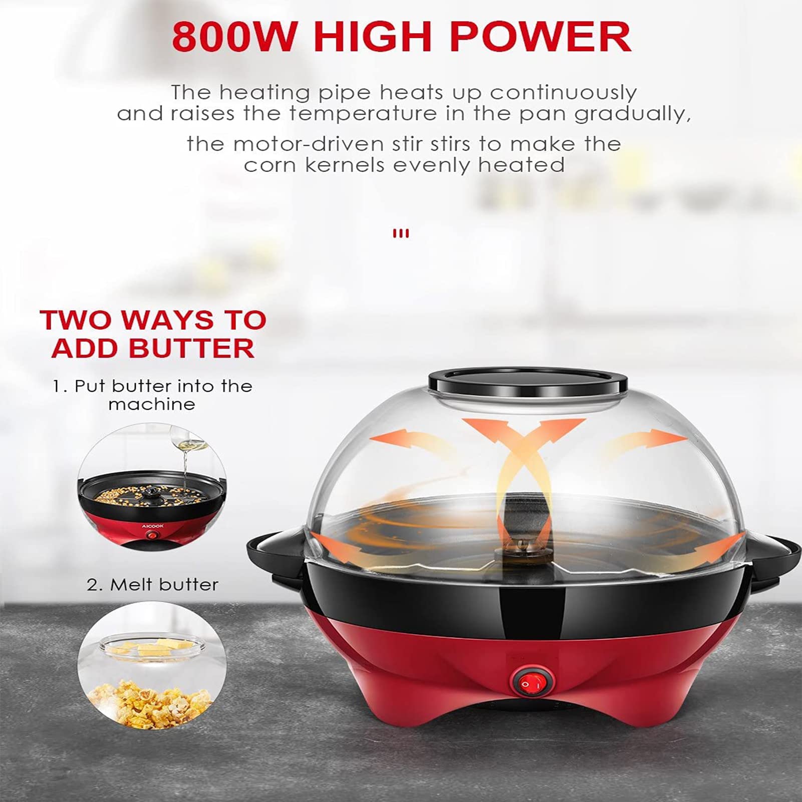 Macchina per Popcorn, Macchina per Popcorn ad Aria Calda, Popper per Popcorn Senza Olio aggiornato, Popper per Popcorn al Burro con Olio Caldo da 850 W con Asta di agitazione, pias