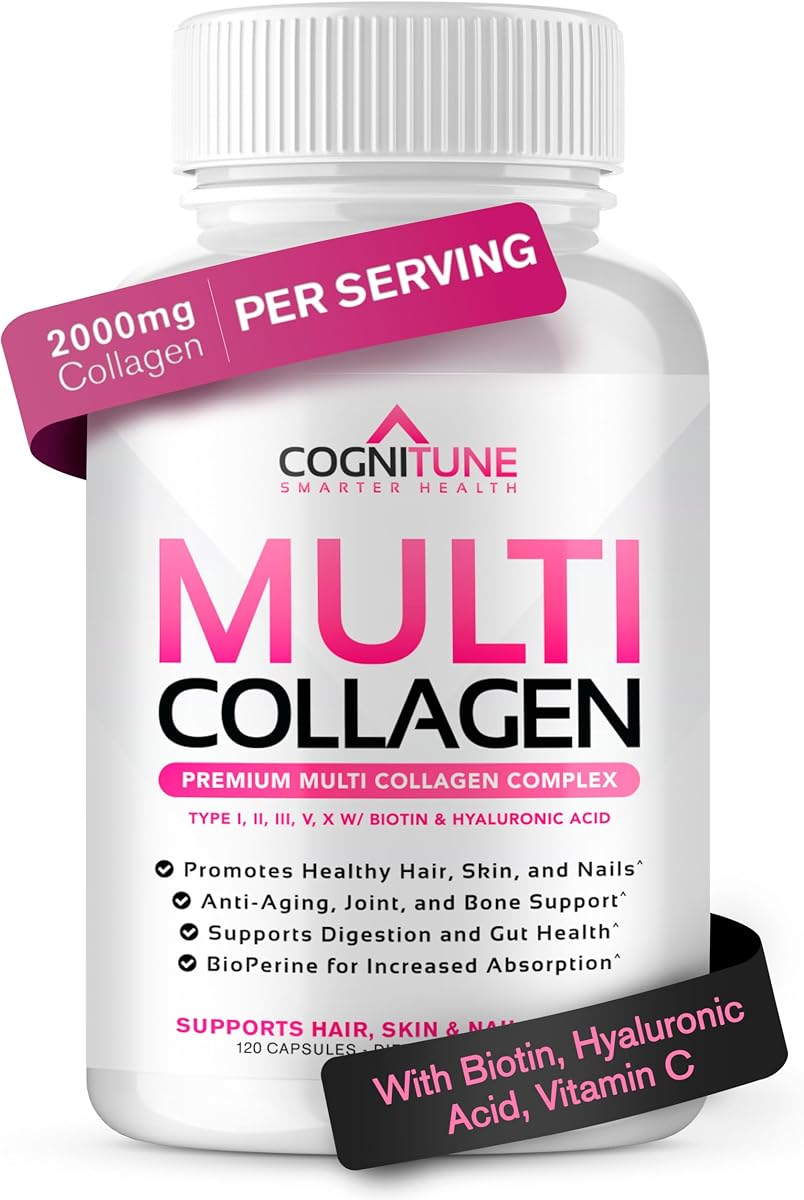 CogniTune Multi Collagen Peptides for Women, 5 Types, 2000 mg, 120 Capsules | Biotin, Hyaluronic Acid, Vitamin C, 5 Collagen Types: I II III V X, Hair Skin Nails Joints Support