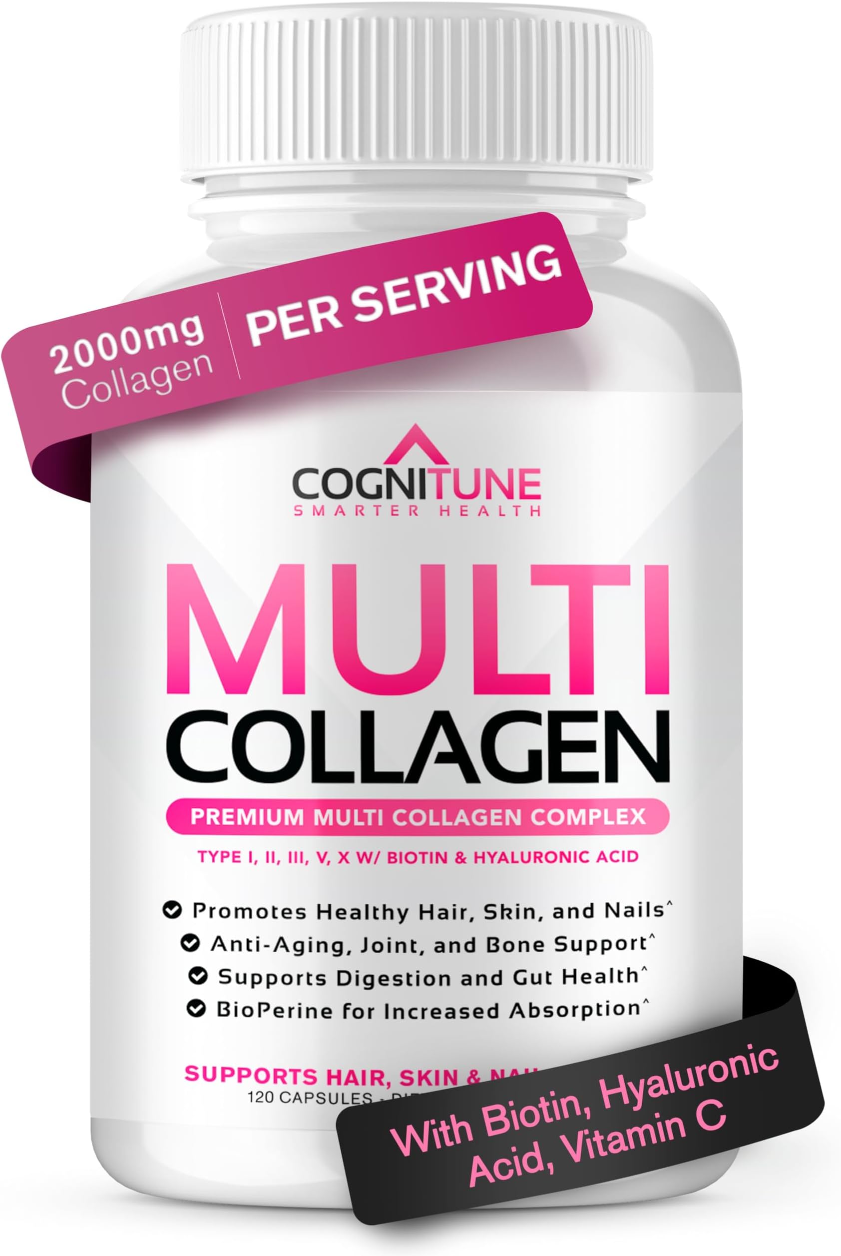 Multi Collagen Peptides for Women with Biotin, Hyaluronic Acid, Vitamin C - 5 Types I II III V X Colageno Hidrolizado - 2000mg Hair Skin Nails Joints Support - 120 Capsules