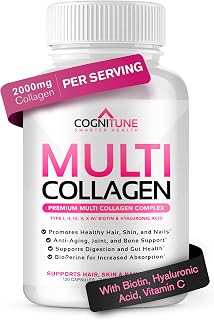 CogniTune Multi Collagen for Women with Hyaluronic Acid, Vitamin C and Biotin, Collagen Protein Supplement with Types I, II, III, V, X Peptides for Healthy Hair, Skin, Nails and Joints, 120 Capsules