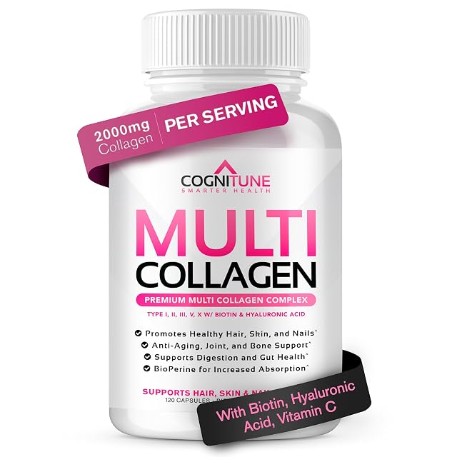 CogniTune Multi Collagen Peptides for Women with Biotin Hyaluronic Acid Vitamin C - 5 Types I II III