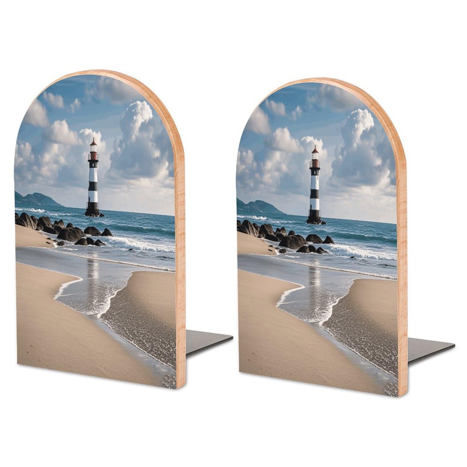 Sea Lighthouse Sandbeach Bookend for Shelves Decorative 1 Pair Modern Wood Book End Universal Economy Bookend with Metal Base Heavy Duty Non-Slip Book Organizer for Home Office