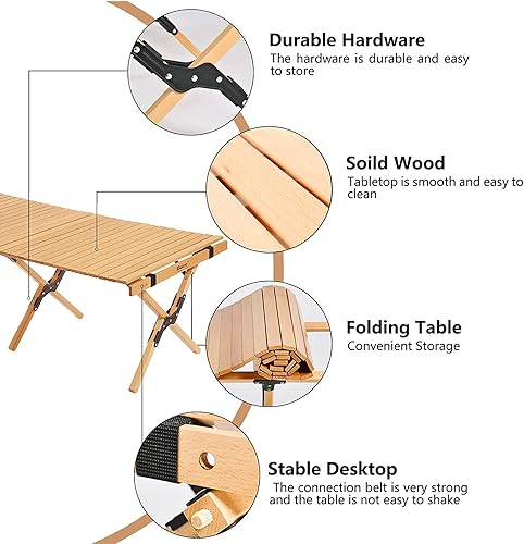Miniatura 6 de Trade Best Mesa de picnic baja portátil, plegable para playa con una bolsa de transporte, barbacoa enrollable de madera maciza para exteriores,