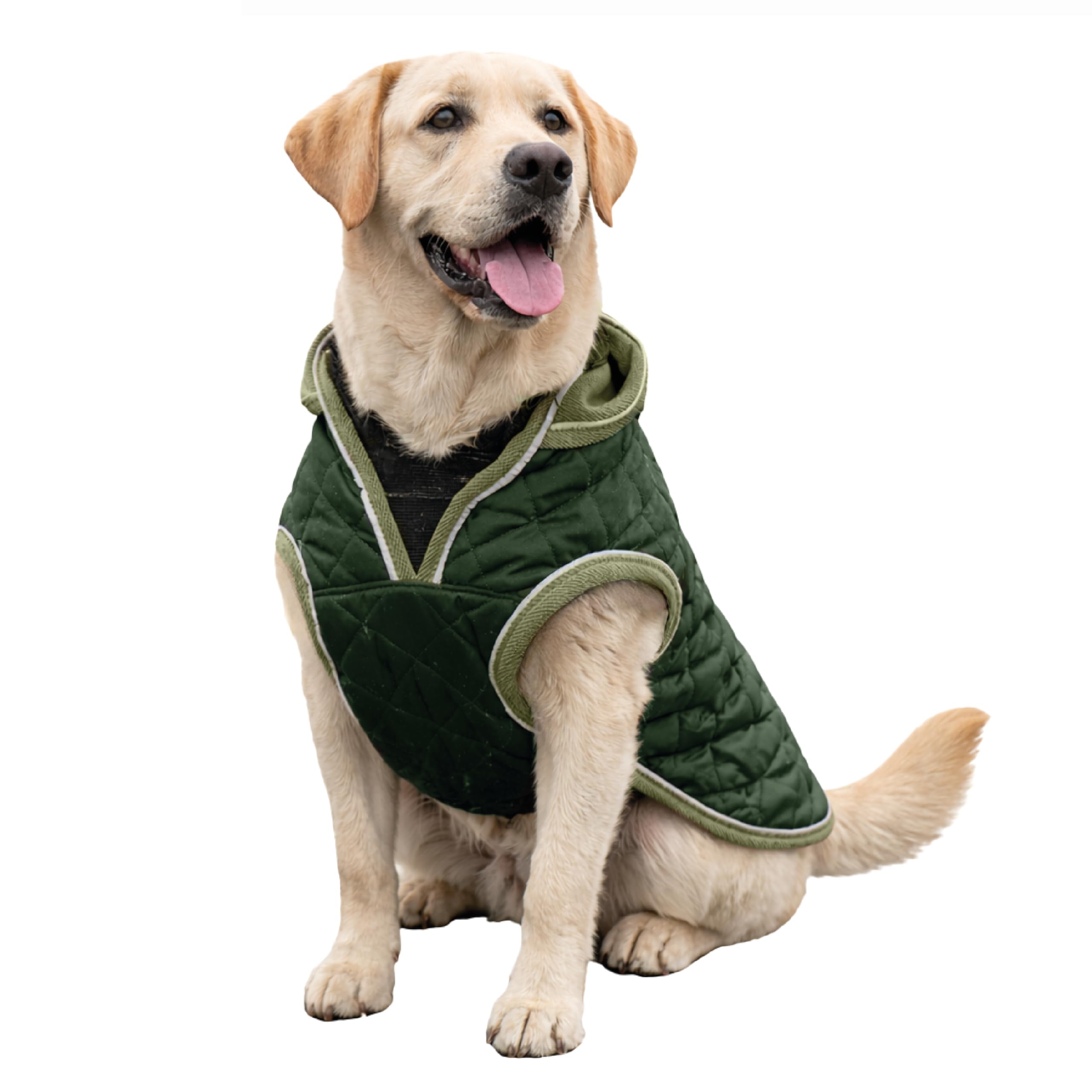 HugglePets Legacy Quilted Dog Coat | Khaki Green | Adjustable Belly Strap with Zipped Collar | Thermal Dog Coat with Harness Hole | Reflective Winter Adult and Puppy Jacket | Large (50cm)