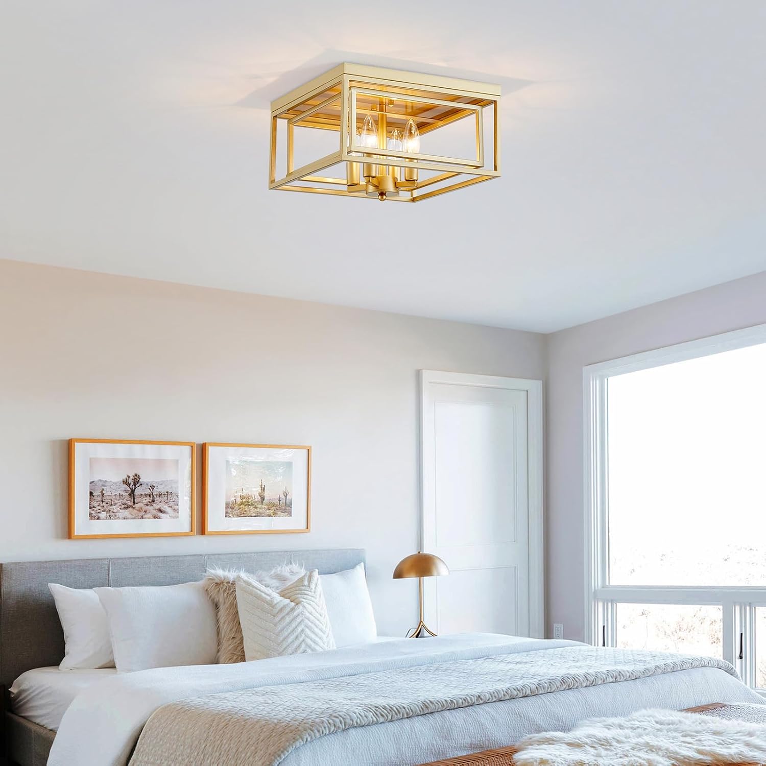 Square Ceiling Light, 4-Light Flushmount Modern Close to Ceiling Light Fixture for Living Room, Bedroom, Dining Room, L13 x W13 x H7 inch, Gold Finish Frame