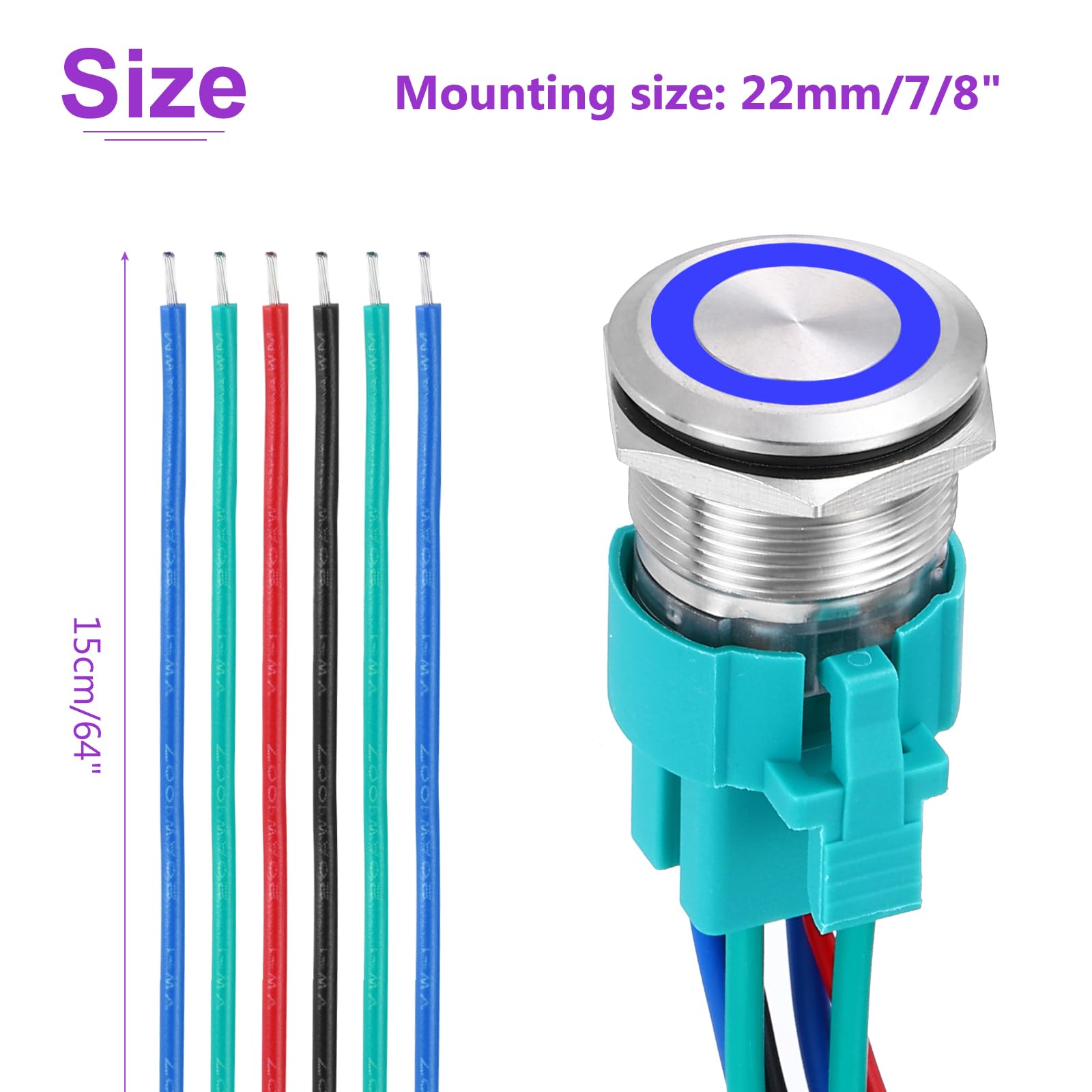 DMiotech 7/8 Inch Stainless Steel Momentary Push Button Switch Flat Head 15A 12-24V Silver Shell 6 Pin with Cable Socket Blue Ring LED 2NO for Car Boat Systems Custom Setups - Image 4