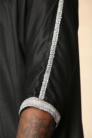 Men's Black Moroccan Thobe Short Sleeve Gandoura Grey Embroidery Kaftan Jubba