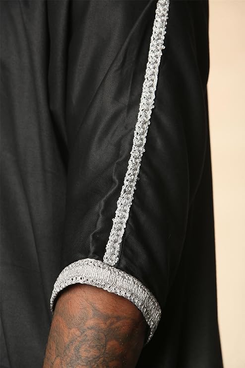 Men's Black Moroccan Thobe Short Sleeve Gandoura Grey Embroidery Kaftan Jubba