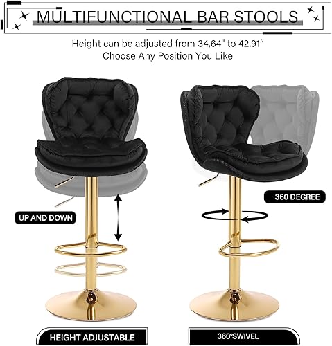Miniatura 4 de Juego de 2 taburetes de bar giratorios de altura de mostrador con parte trasera tapizada de terciopelo, taburete ajustable, taburete de bar moderno