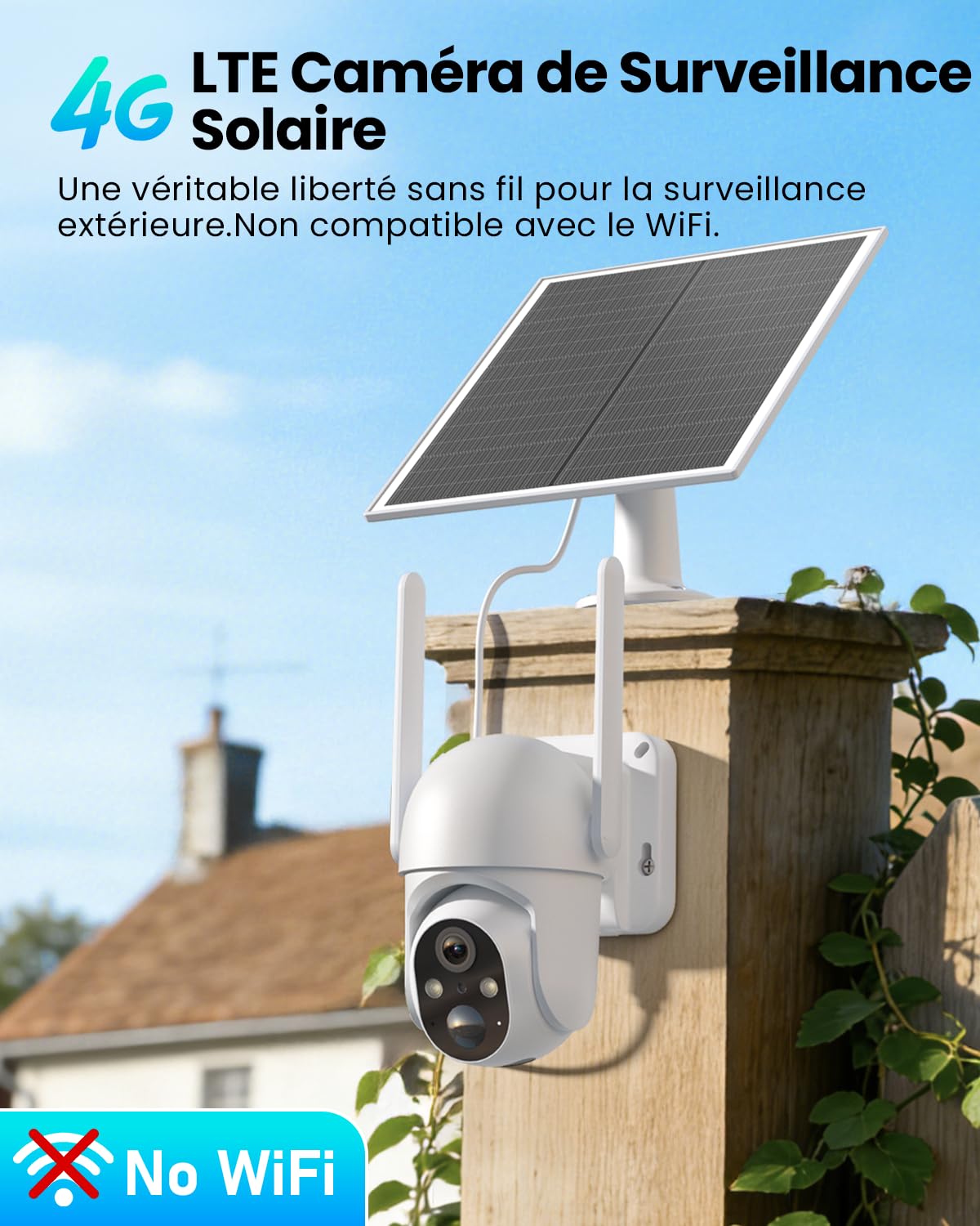 SEHMUA 4G LTE Caméra Solaire Extérieure avec Carte Sim, 2K HD IP Caméra de Surveillance sans Fil avec Panneau Solaire, Vision Nocturne Couleur et Détection PIR, Imperméable IP66