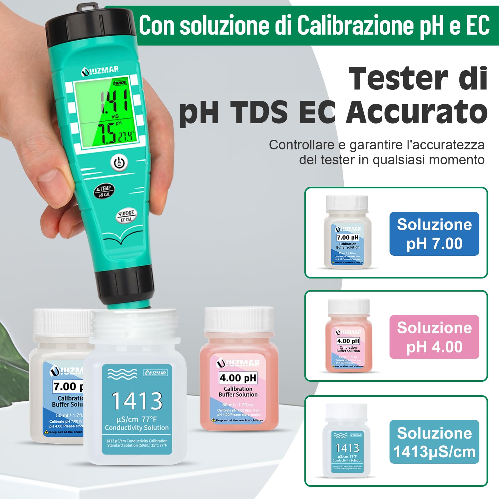 UIUZMAR Misuratore di pH EC Idroponica, phmetro Acqua, Misuratore pH e TDS per Sistema Idroponico, Misurazione Simultanea di pH EC TDS Temperatura per Aeroponica, Acquario, Laghetto