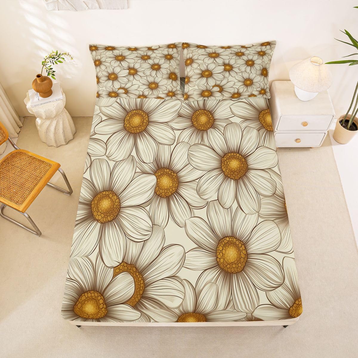 Erosebridal Boho Floral Bed Sheets Queen Groovy Flower Sheet Set, Flowers Garden Soft Lightweight Bedding Set, Orange Grey Fitted Sheet with Deep Pocket