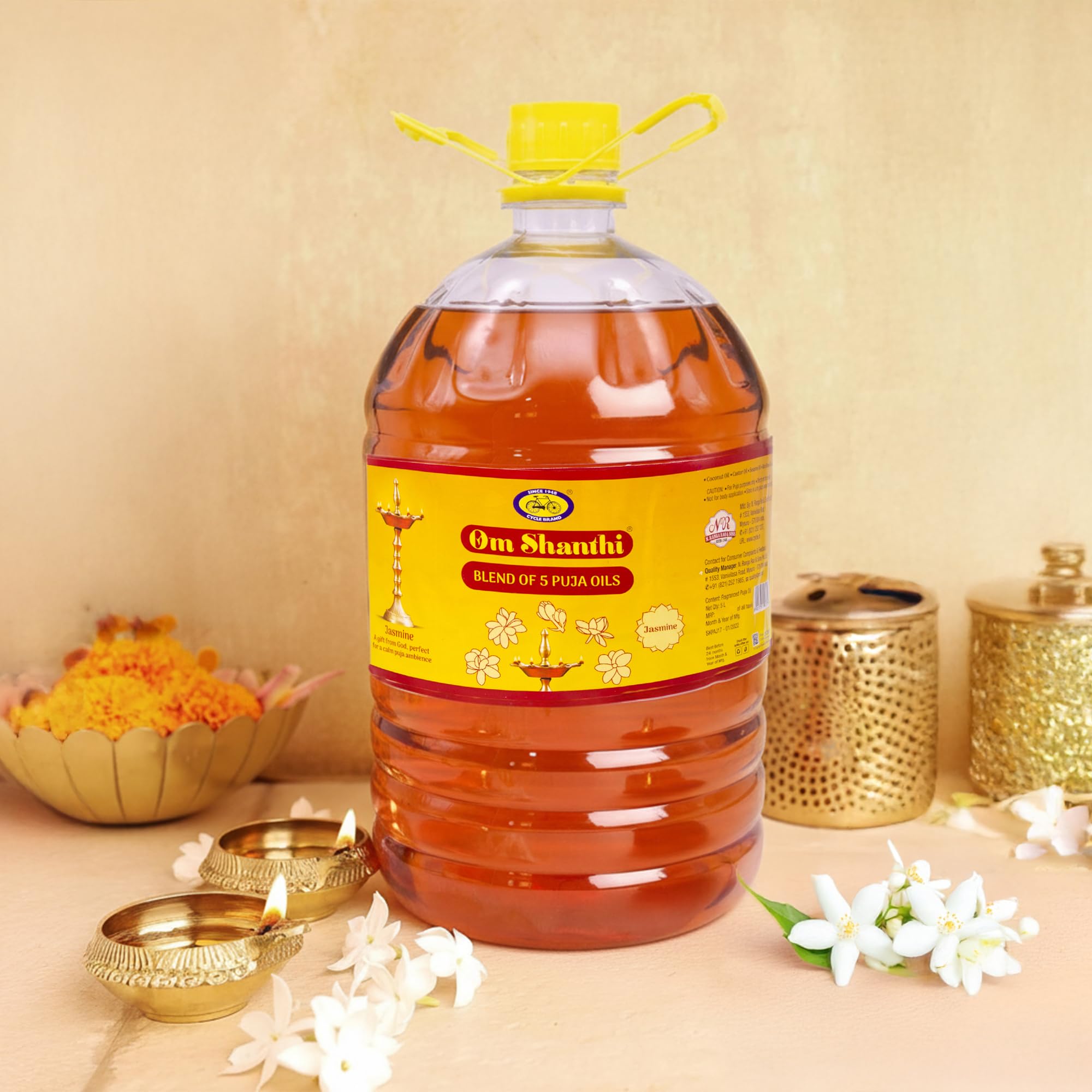 Om Shanthi POOJA MADE PURE Cycle Pure Puja-Oil | 5L Festival & Havan Use | Til-Based Sacred Lamp Blend with Jasmine Fragrance | Daily Rituals & Puja Lamps