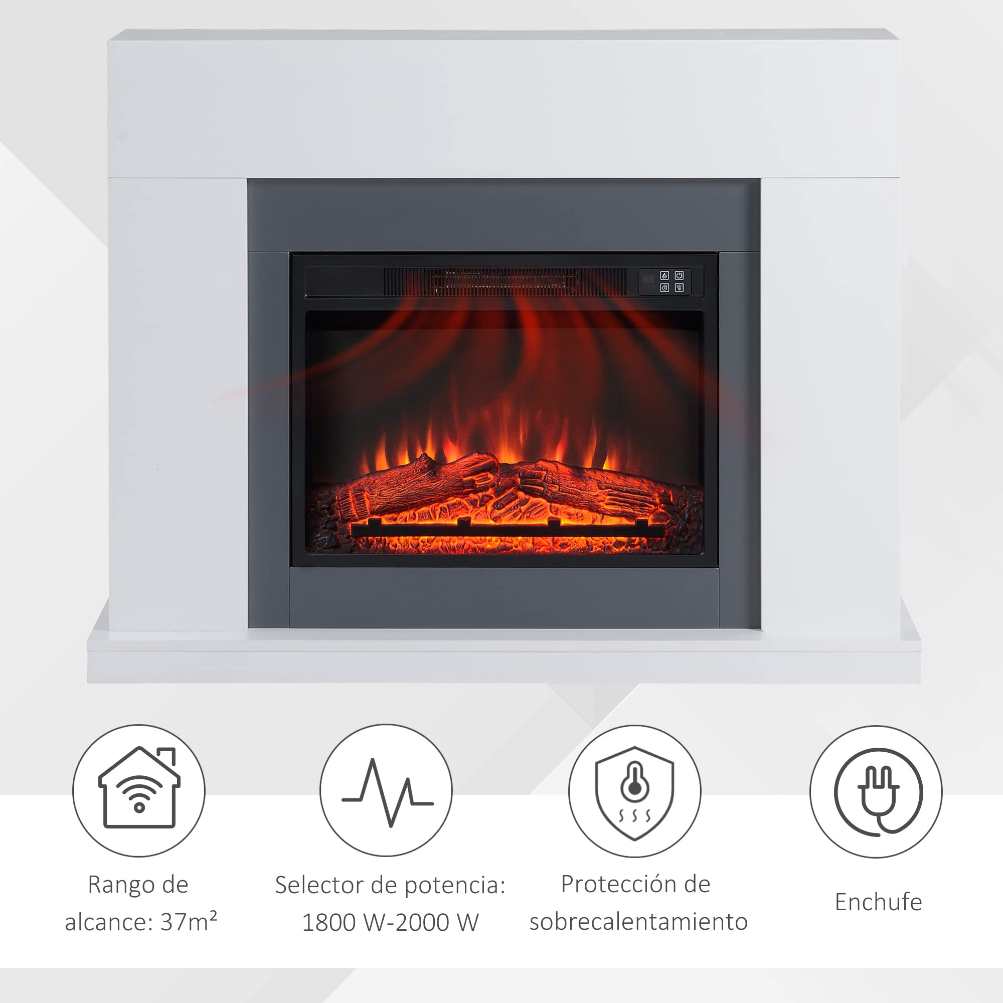 HOMCOM Chimenea Eléctrica 1800W-2000W Llama Ajustable para 37 m² Blanco