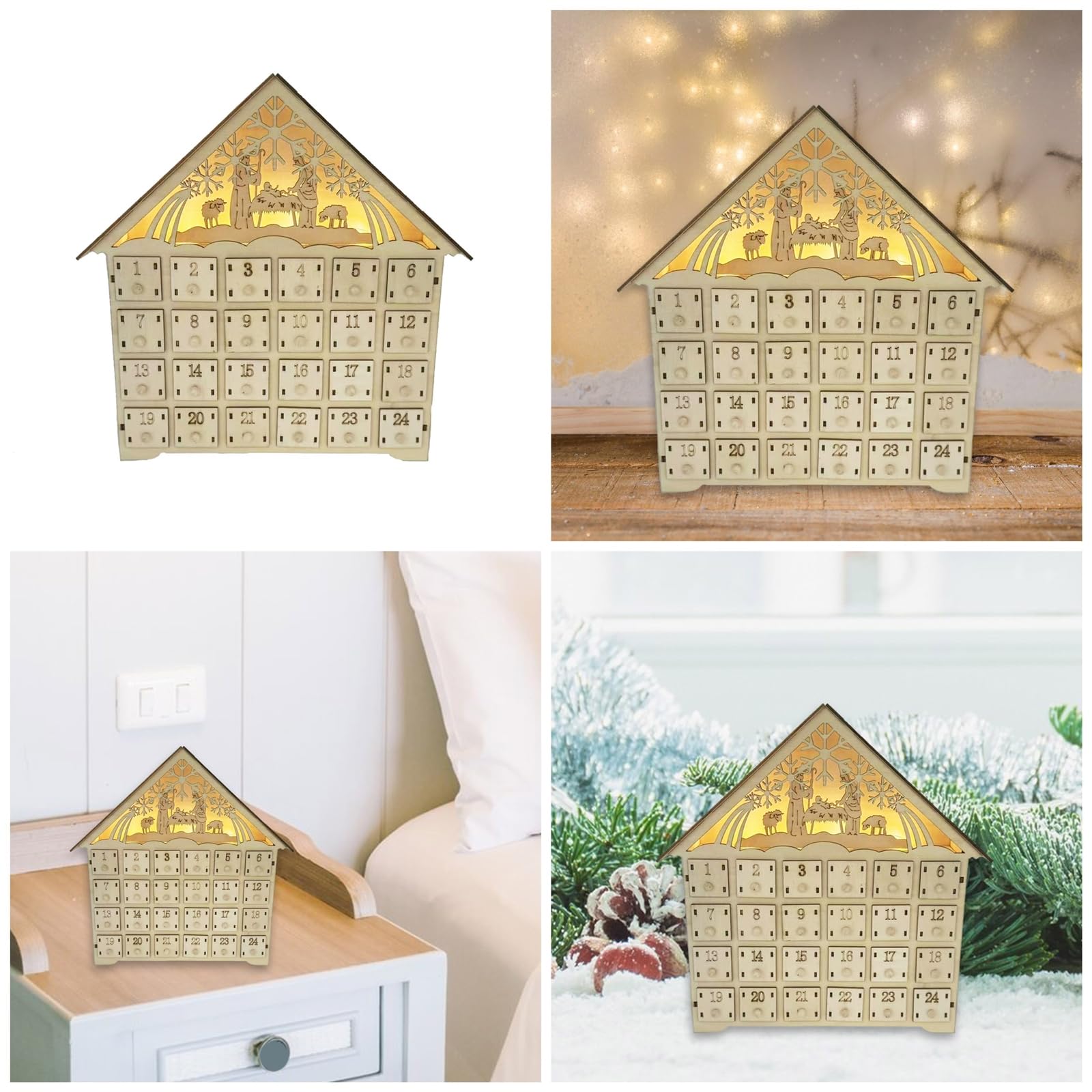 LED beleuchteter Holz Adventskalender Weihnachtsgeister 24 Tage Countdowns Kalender mit LED-Lichtern und Aufbewahrungsschubladen
