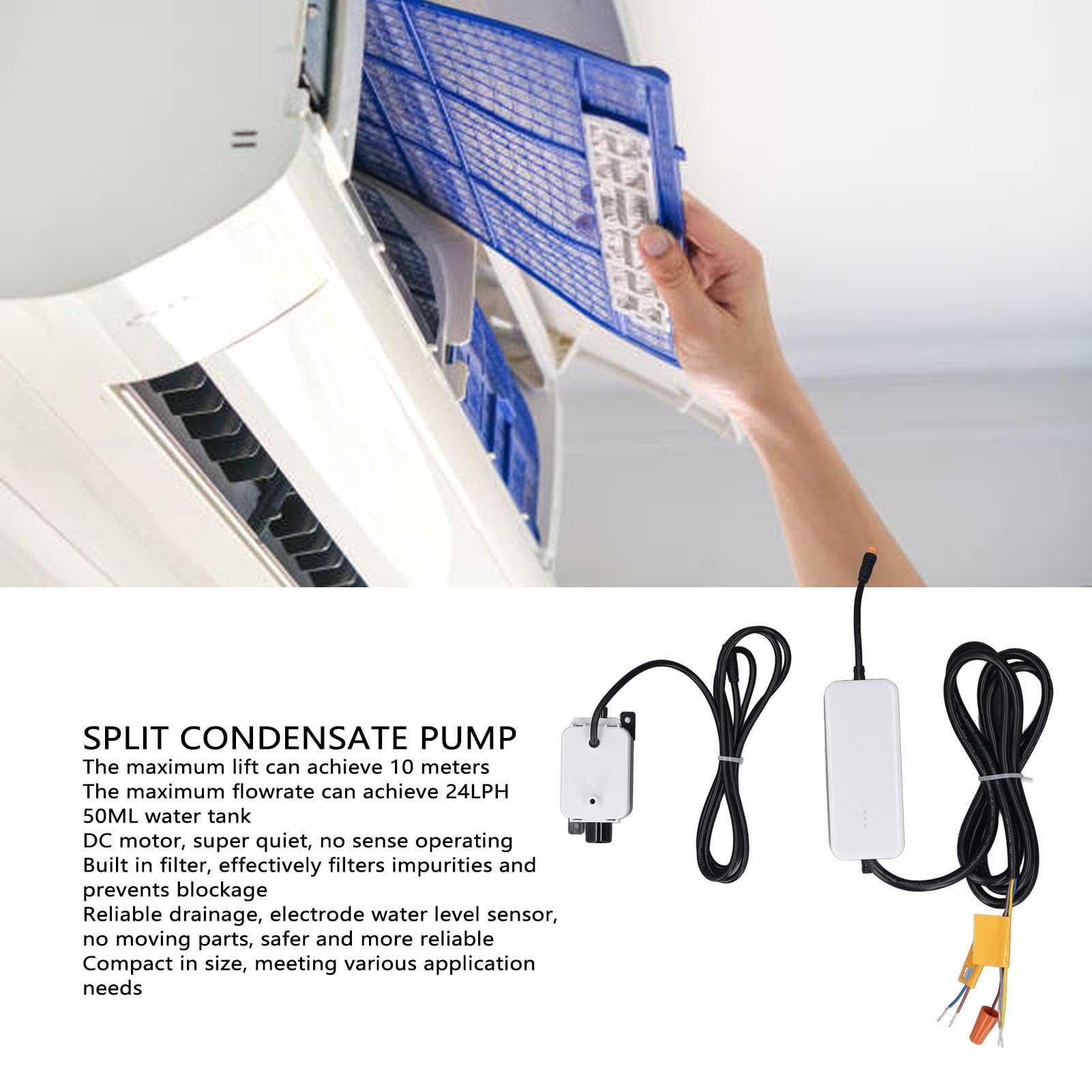 Eujgoov Geteilte Kondensatpumpe, ABS, Leise Kondensatablaufpumpe, 24 Lh Durchfluss, 10 M Hub, 19 DB, Integrierter Filter für Klimaanlagen Bis zu 30.000 BTUh, Innenbereich
