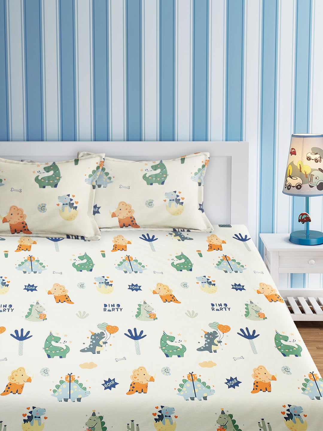 URBAN DREAM Kids Dino Party Print White and Green BEDSHEET Set (Double Bed)-image-26