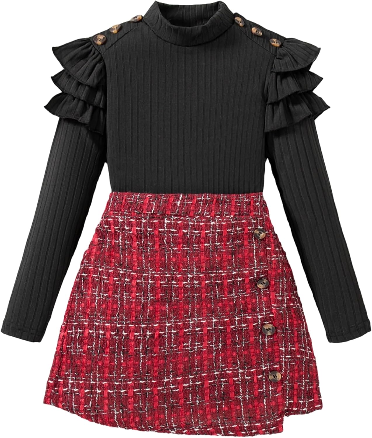 Girls Clothes Skirt Set 2 Piece Ruffle Sleeve Shirts and Plaid Skirts Fall Winter Outfits
