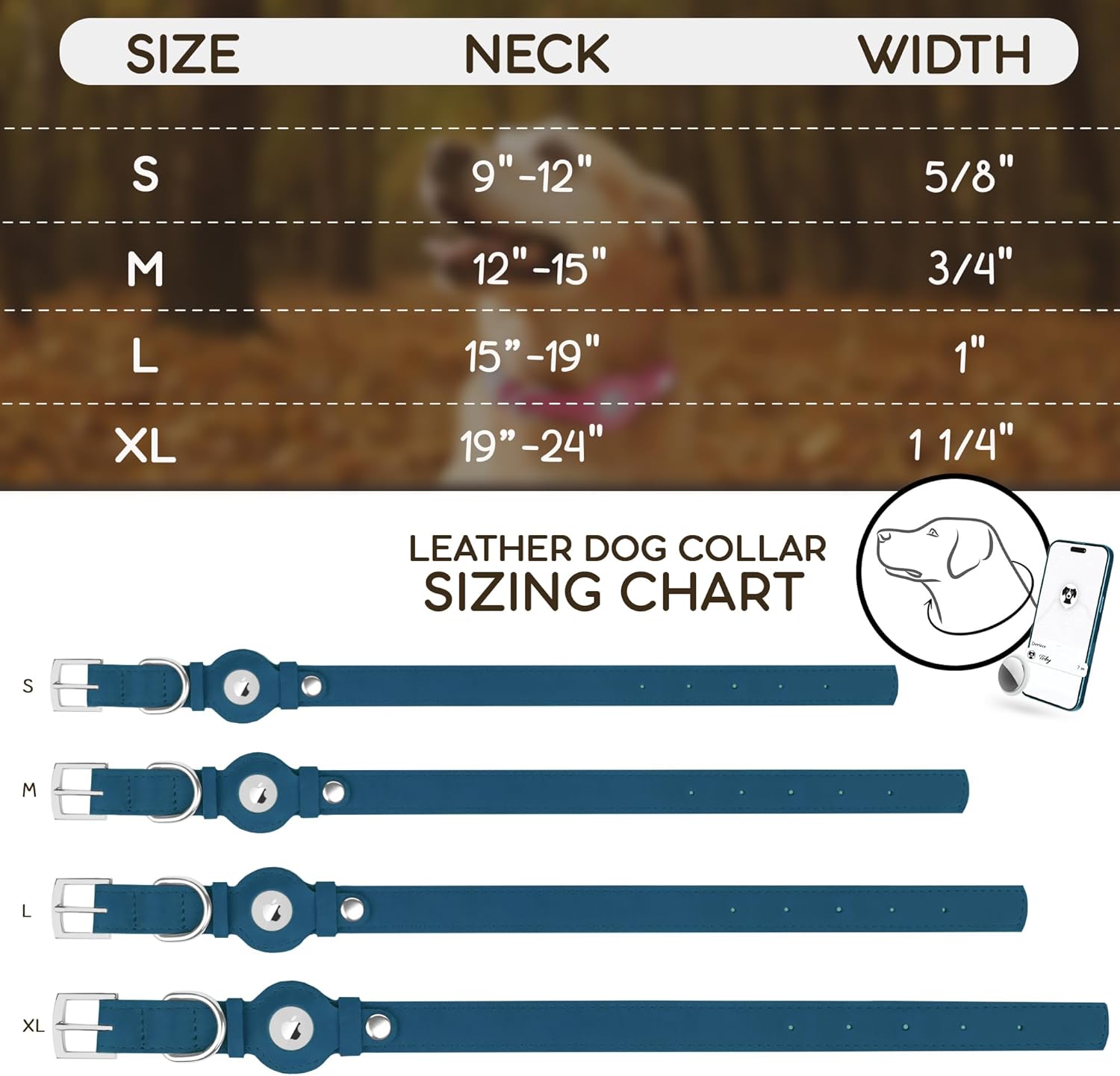 Leather Dog Collar with Airtag Holder - Apple Air Tag Dog Collars - Soft Tracking GPS Pet Collar for Small Medium Large Dogs Breed Puppy (Smoky Blue, M, 12"-15" Neck Fit)