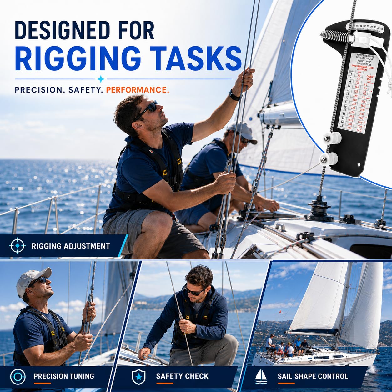 PT-1 Sailboat Rigging Tension Gauge, Professional Wire Rope Standing Rigging for 3/32", 1/8", 5/32" Diameter Wire Cable, Hands-Off Accurate Rigging Tool Rated up to 800 lb, for Sail Rigging