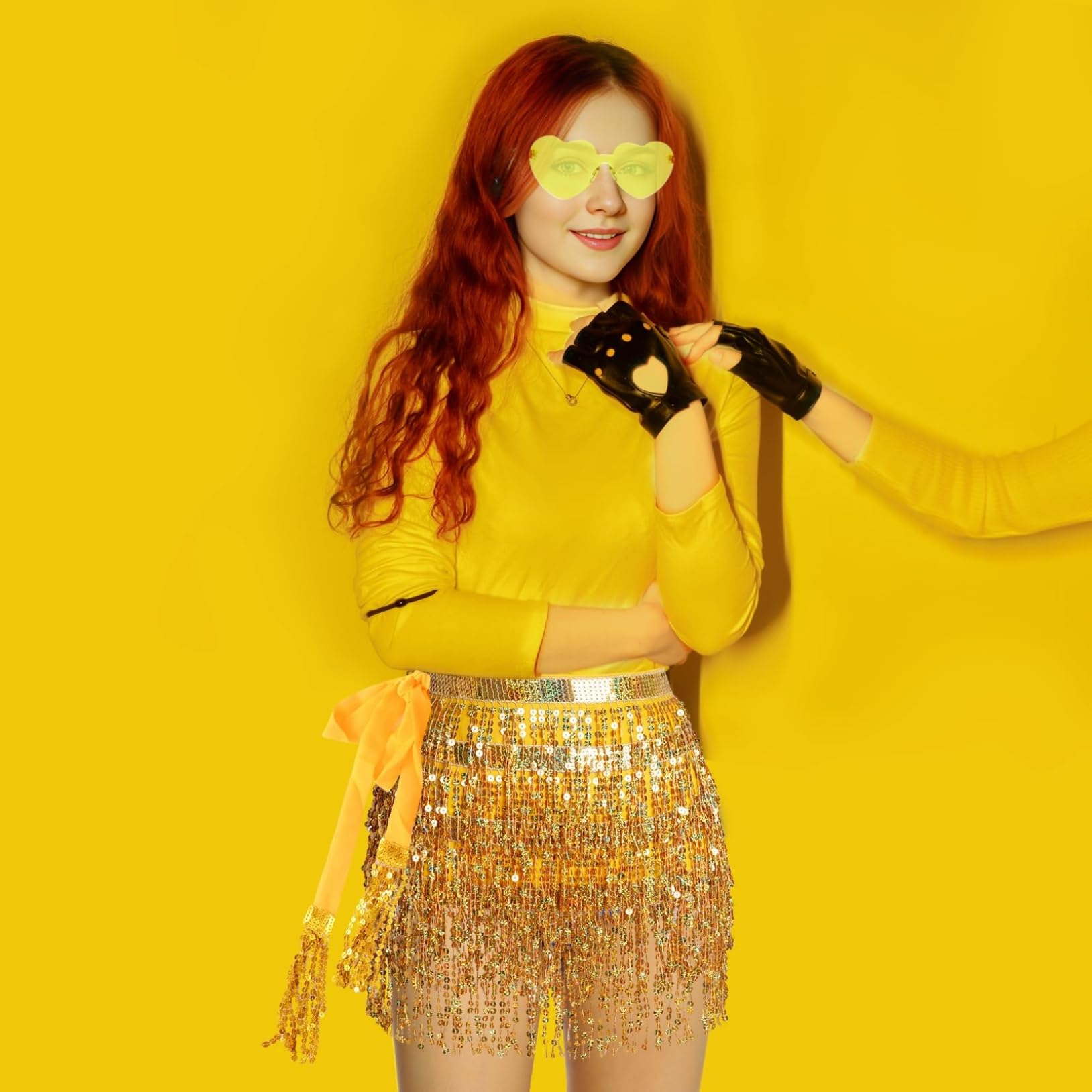 Falda brillante para mujer, falda con flecos, con gafas hippie, mini falda latina corta, disfraz de danza del vientre, disfraz de rave para mujeres y niñas