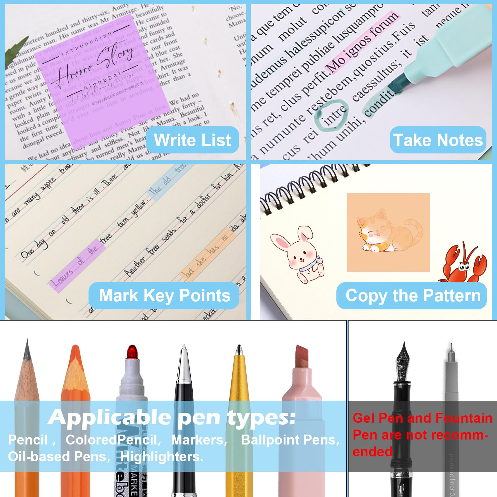 TAIHOBO 600PCS Sticky Notes, 6 Highlighters Pastel with Dual Tip, Transparent Book Tabs with Pastel Highlighter - Image 4
