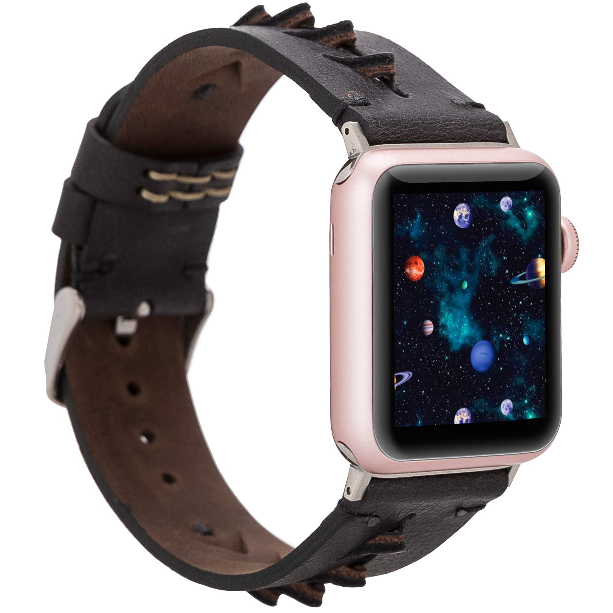 Burkley Leather Strap for Apple Watch in 38/40 mm and 42/44 mm Vintage Watch Strap Strap Compatible with All Apple Watch - Handmade (42/44 mm, Black - BA12)