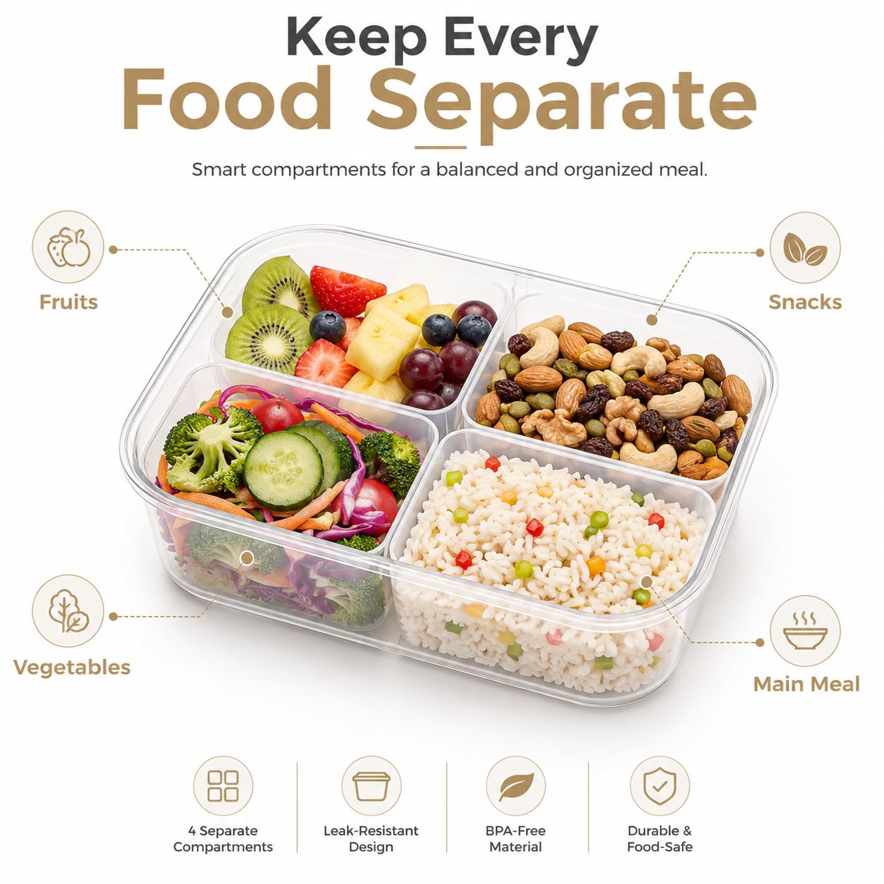 Vasukie 4-Compartment Meal Prep Container with Airtight Locking Lid – with Removable Cups for Meal Prep, Fruits, Nuts & Side Dishes, BPA-Free Clear Plastic (1500ML) — Amazon image 3