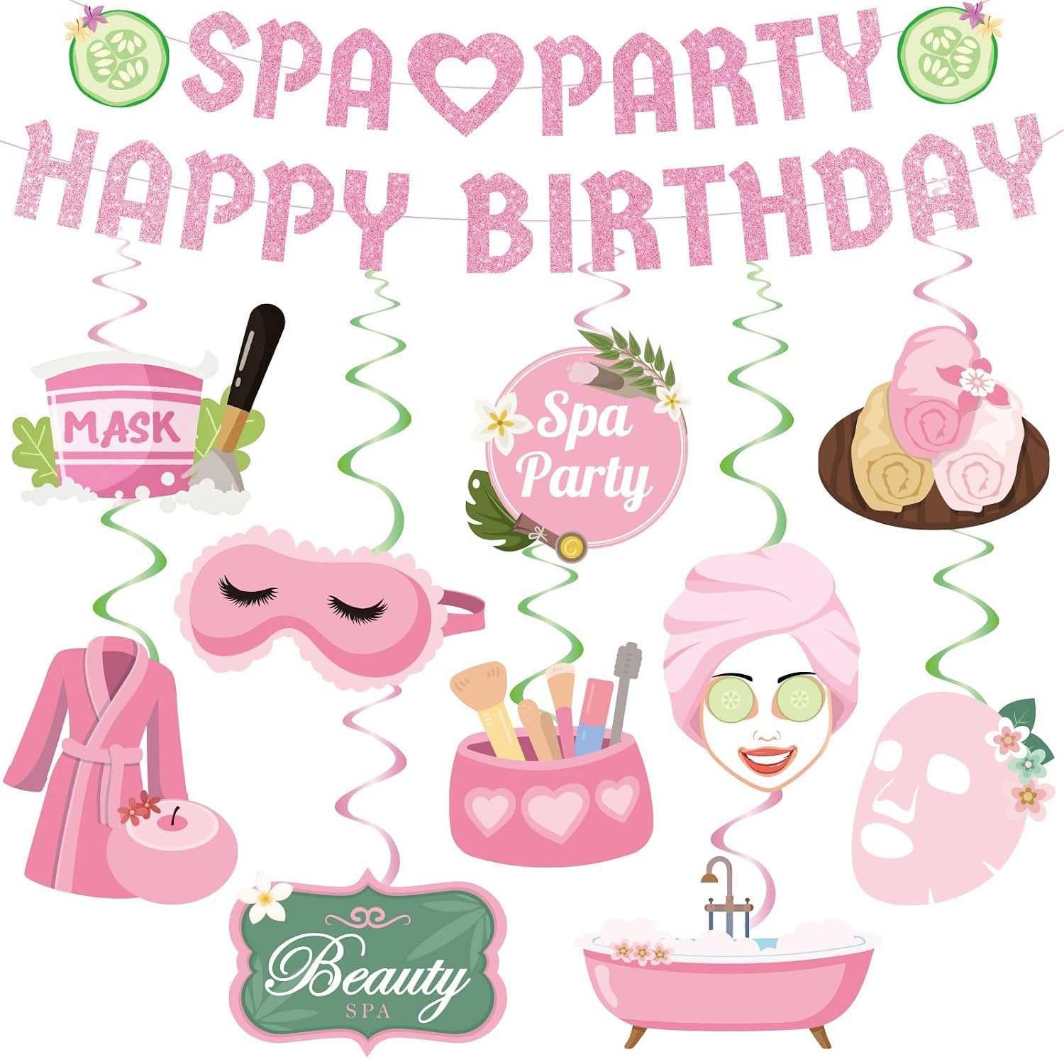 Pink Spa Party Decorations with Banners & Hanging Swirls, 22PCS
