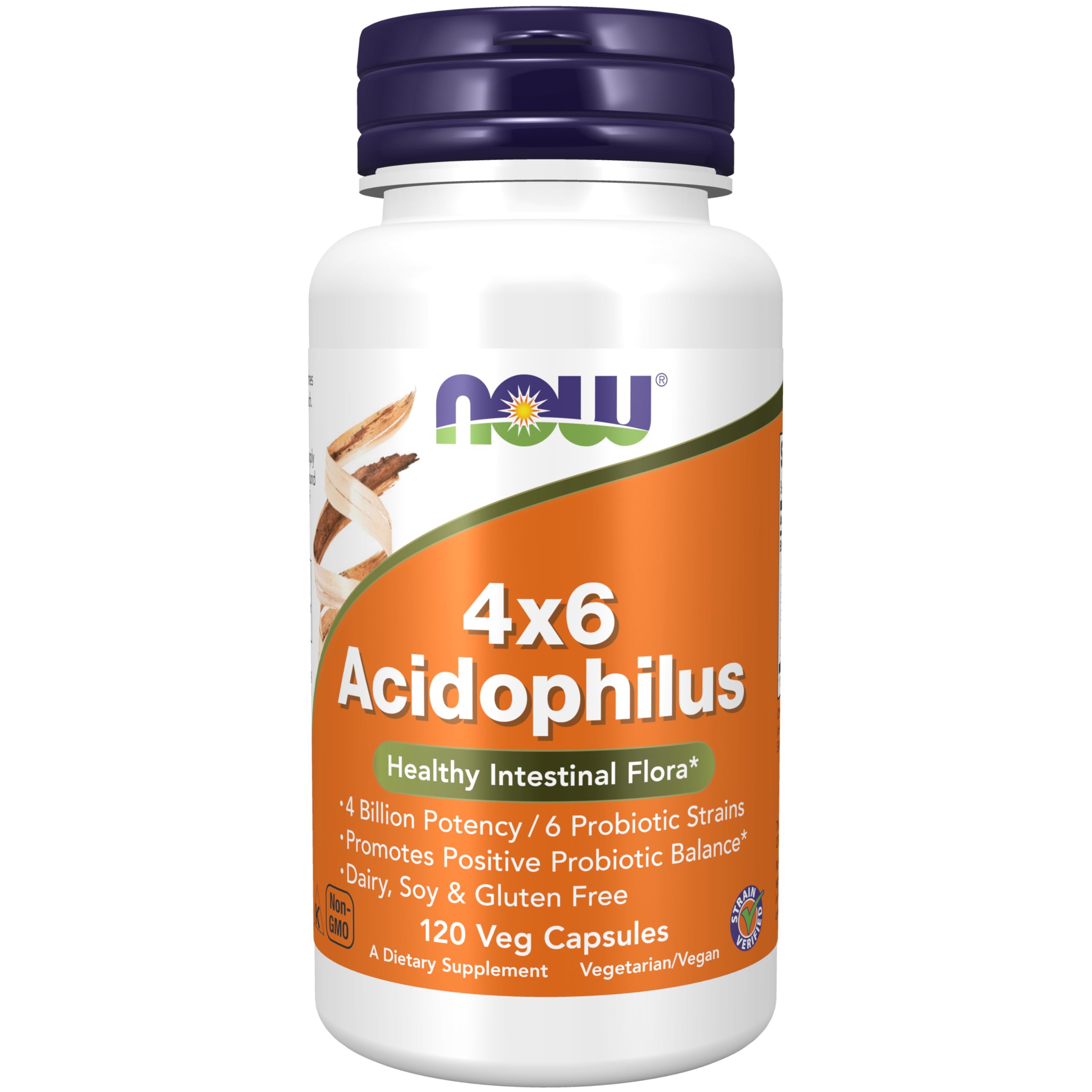 NOW Supplements, Acidophilus 4X6, 4 Billion, 6 Strains, 120 Veg Caps 120 Count (Pack of 1)