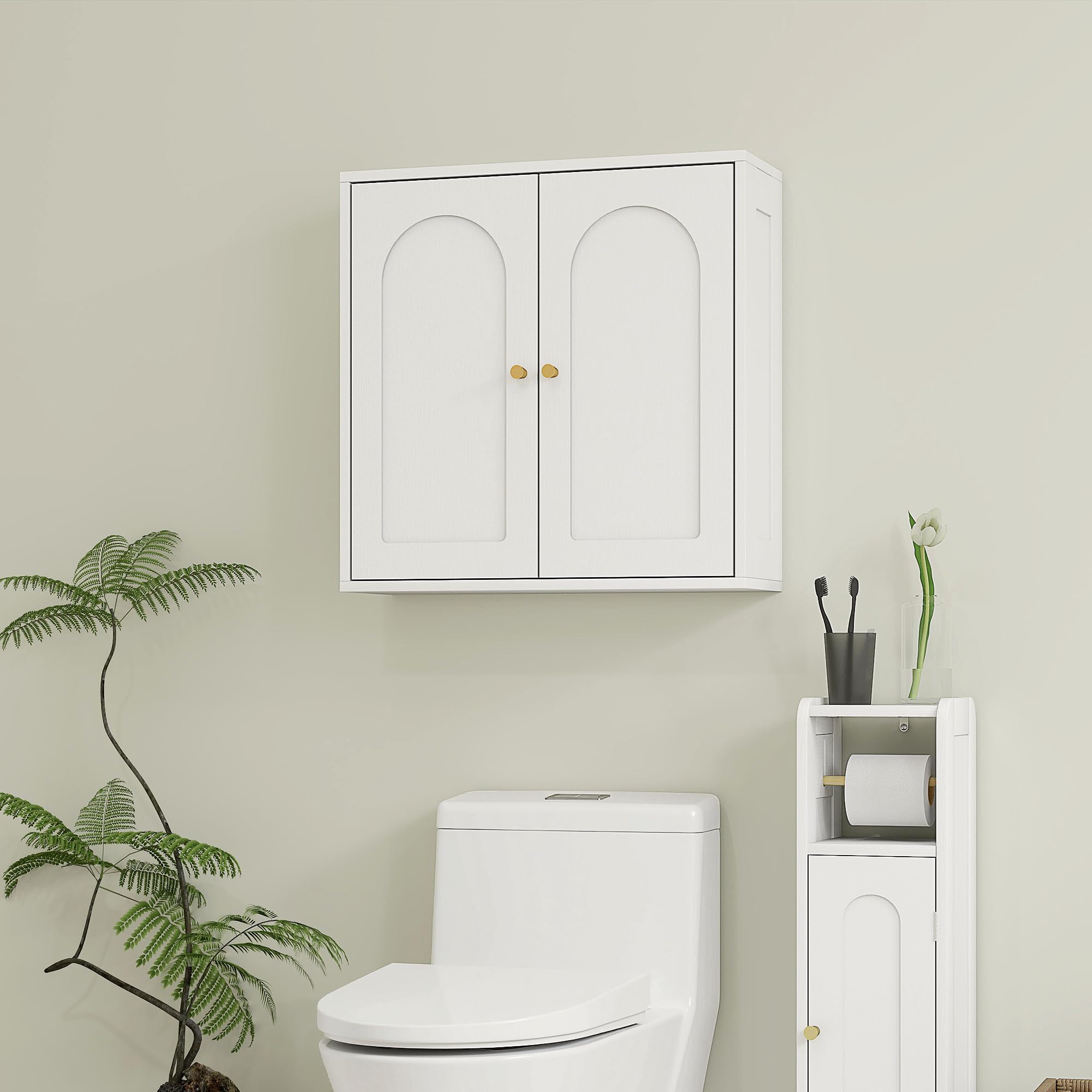 HOMCOM Armoire Murale, Meuble Haut Salle de Bain Style Moderne avec Placard à Double Porte et poignées dorées, Meuble de Salle de Bain Suspendu, 60 x 20 x 60 cm, Blanc