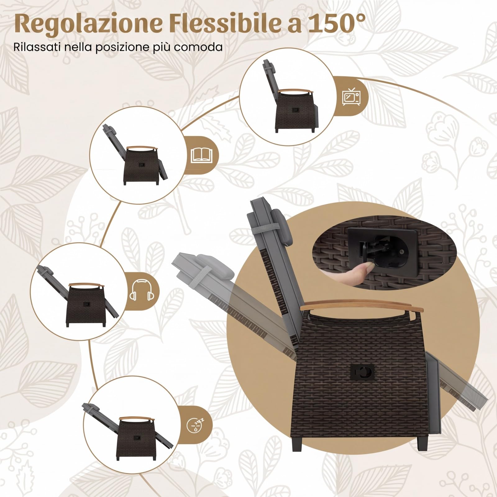 COSTWAY Poltrona Reclinabile da Giardino, Sedia Relax Esterno in Rattan con Schienale Regolabile a 150°, Poggiapiedi e Tavolino Pieghevole, Portata 180 kg, per Patio, Cortile e Terrazzo (Grigio,1)
