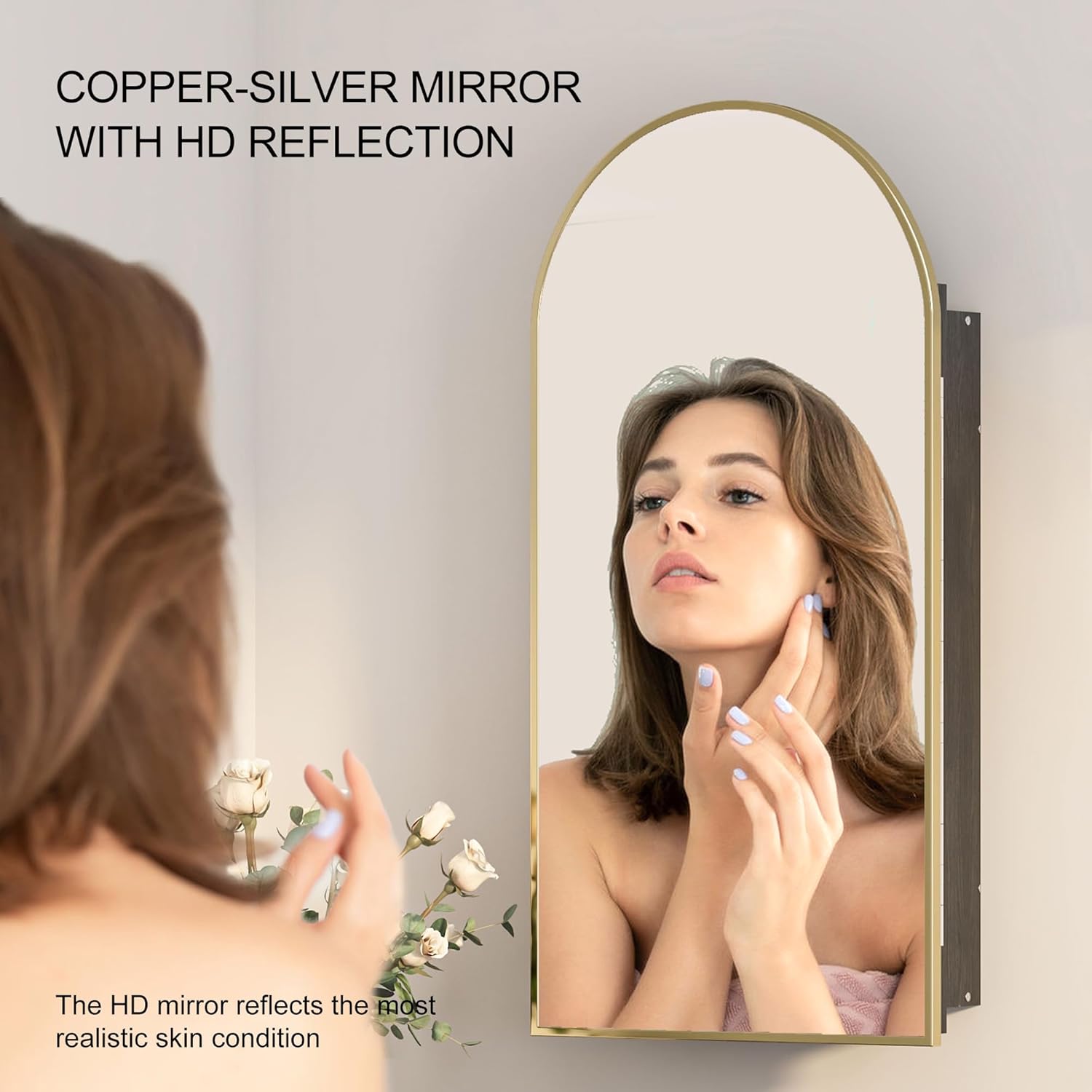 Size 16x31 Color brass Gold Recessed Medicine Cabinet Mirror,Brushed Brass Gold Arched Medicine Cabinet with Mirror for Bathroom,Metal Edge Mirrored Medicine Cabinets,in Wall Arch Mirrored Cabinets with Storage 16x31