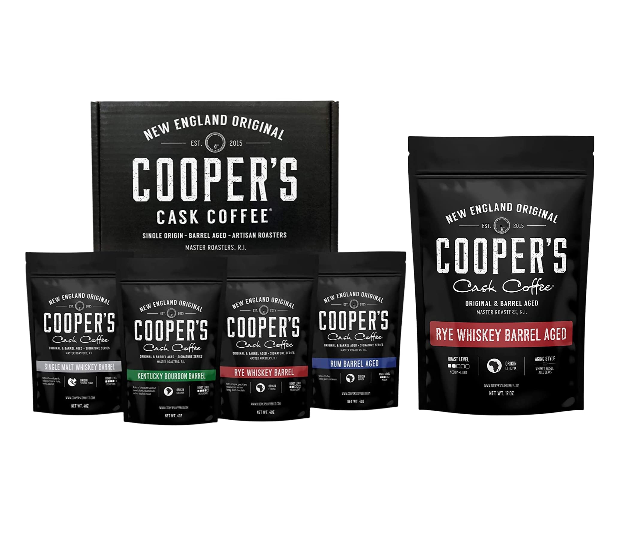 Bourbon & Whiskey Barrel Aged Coffee - Ground - 4 Bag Coffee Set - 4oz and Single Origin Ethiopian Ground Coffee - 12 oz