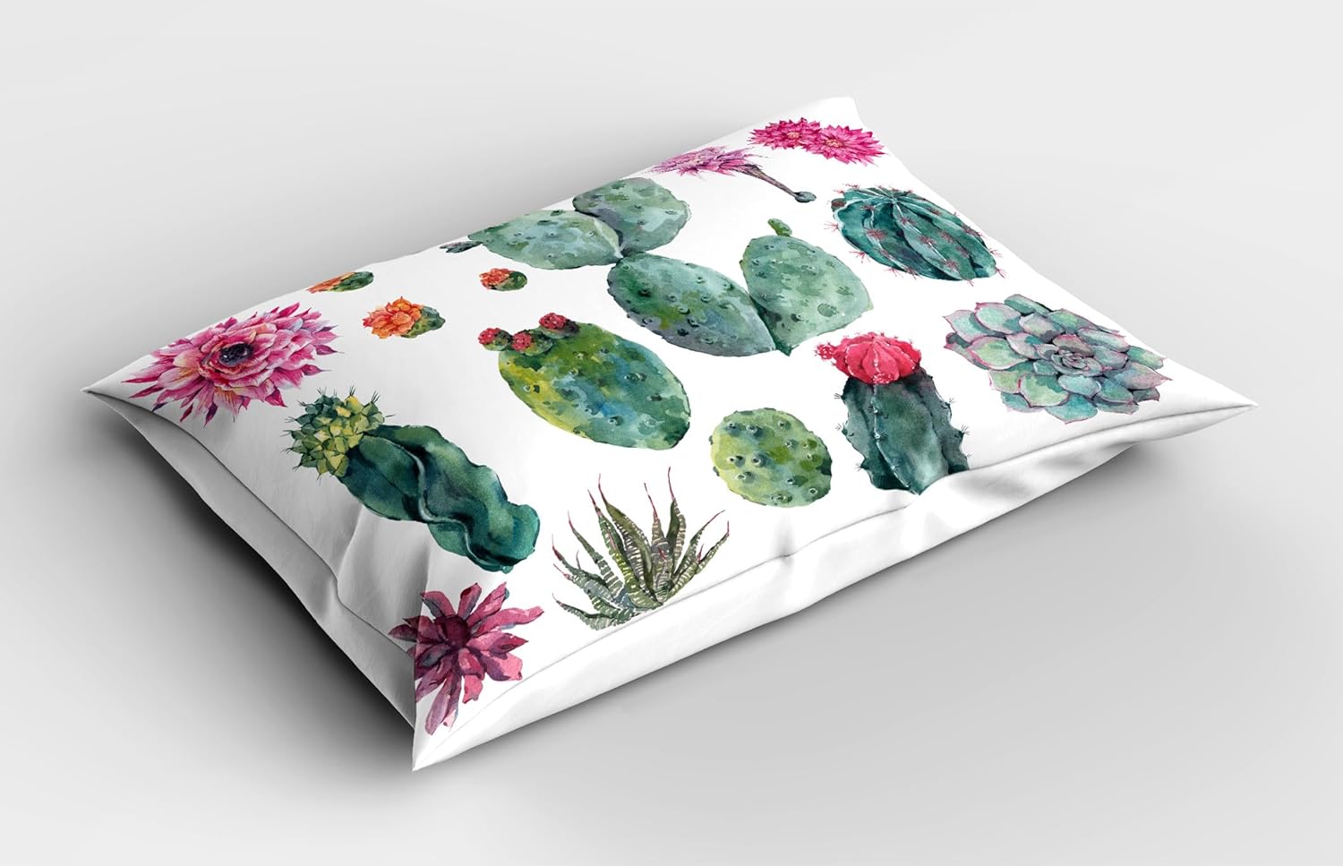 Ambesonne Nature Pillow Sham Set of 2, Desert Botanical Herbal Cartoon Style Cactus Plant Flower with Spikes Print, Quality Microfiber Bedding Item for All Seasons, 26" x 20", Green and Pink