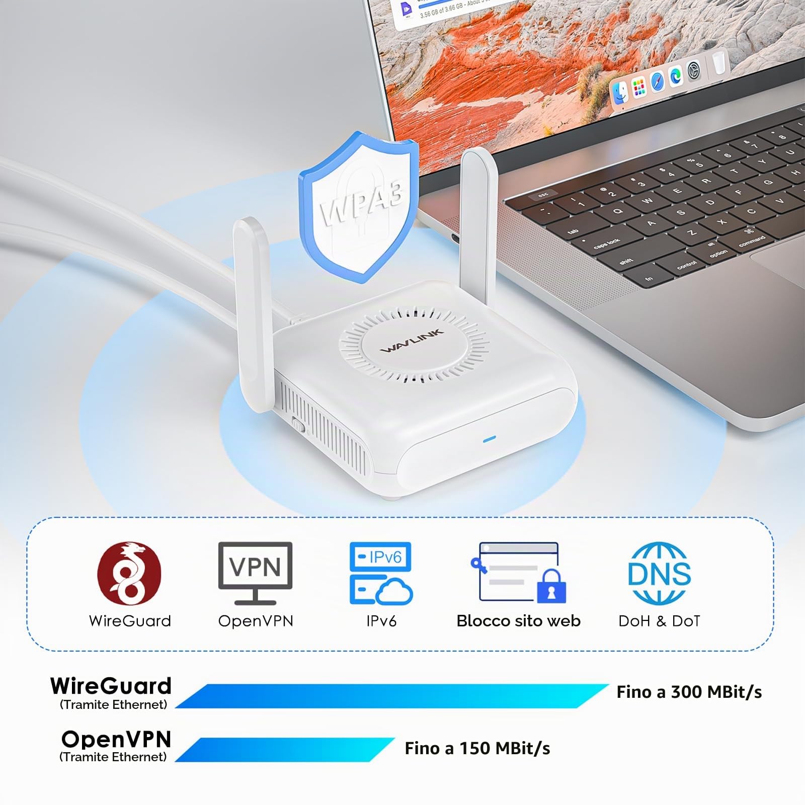 WAVLINK Router AX3000 Wi-Fi 6 Travel Portatile per Viaggi | Alimentazione USB-C, LAN/WAN Gigabit | VPN (OpenVPN/WireGuard/ZeroTier) | Compatibile con Hotel, Camper, Crociere, Aerei