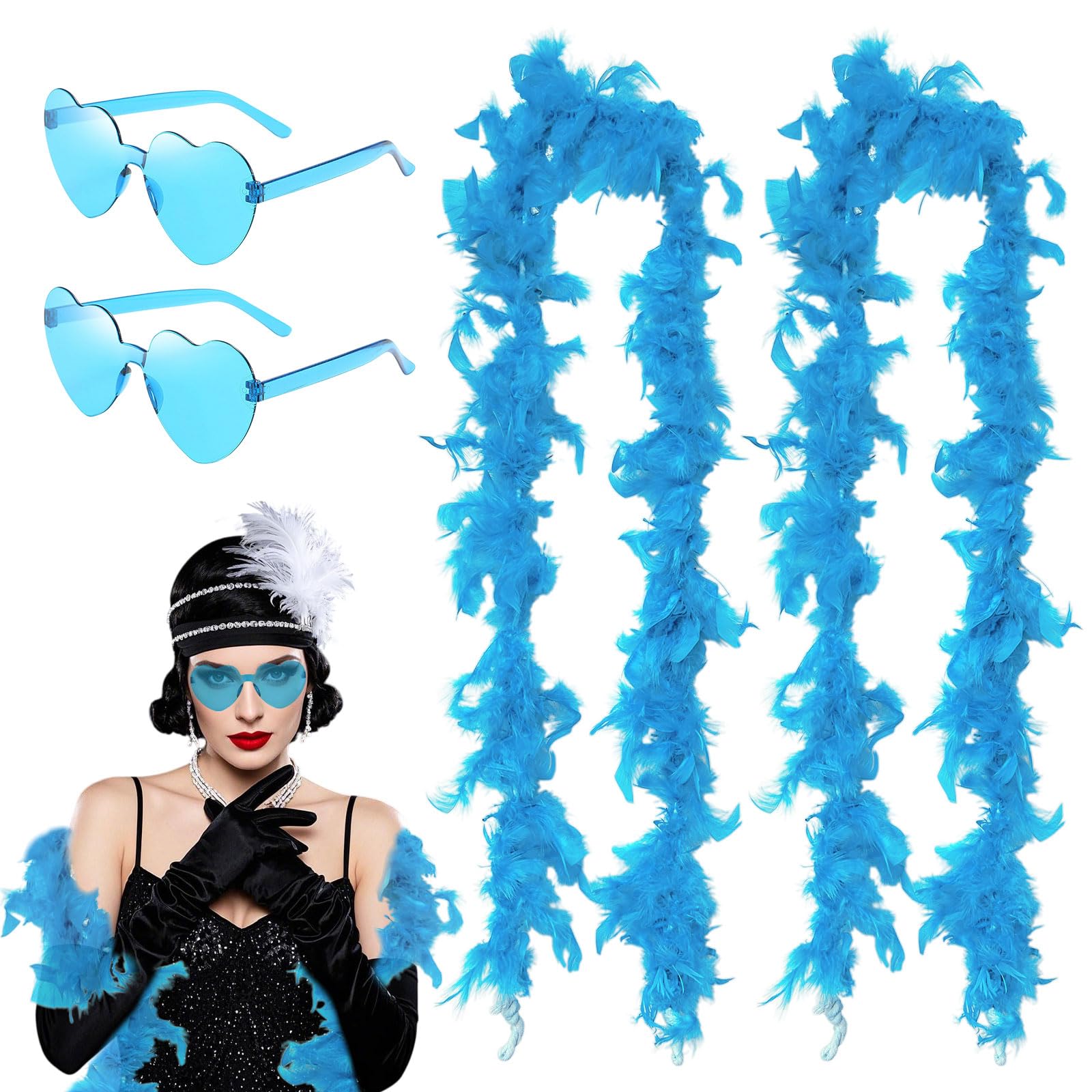 SAIIURV 4 Pieces Blue Feather Boa Heart Rimless Sunglasses Feather Boa for Women for Dancing Wedding Party Cosplay Halloween Dancing Party Props Dress Up Wedding Accessories(Blue)