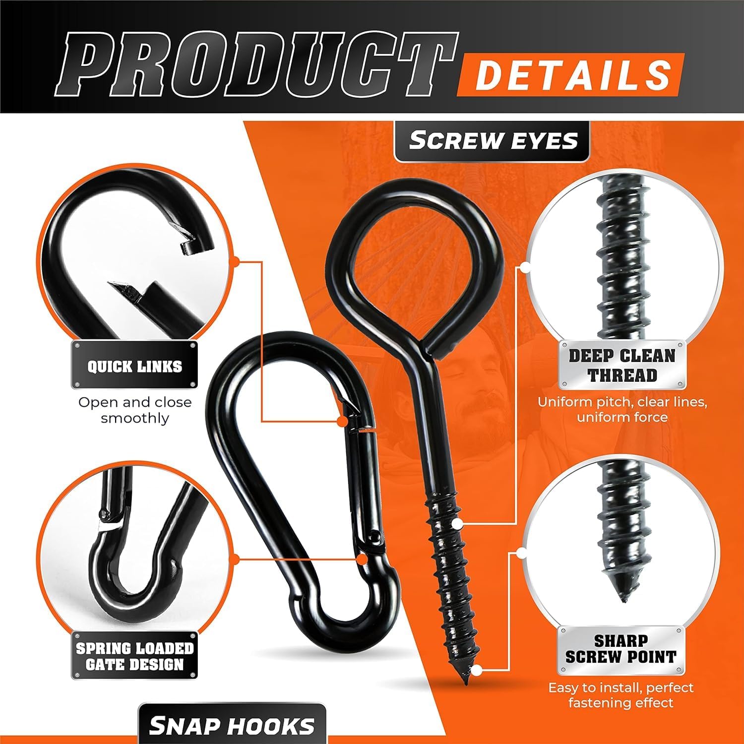 2PCS 5Inch Plated Screw Eyes Hook & 2PCS 8MM Snap Hooks, Heavy Duty Screw in Eye Hooks for Securing Cable Wires, Hammock Stand, Indoor & Outdoor Use - Image 6