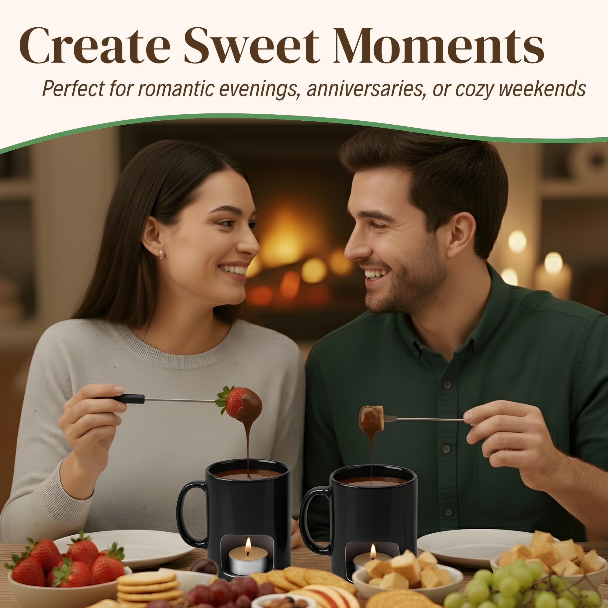 Evelots Fondue Pot Set for Chocolate, Cheese & Candy (2 Pack) – Mini Ceramic Fondue Mugs Gift Set with 8 Forks & 16 Candles – Perfect for Date Night, Birthday & Wedding Gifts – Black - 3