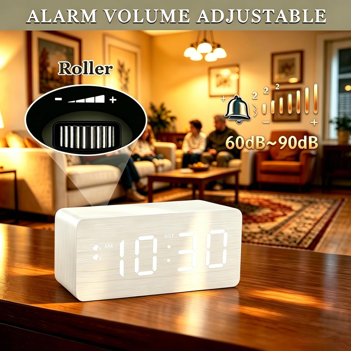 URAYCO Reloj despertador digital de madera, estación de carga inalámbrica rápida de 10 W y 2 puertos de carga USB, con regulador de 0 ~ 99%, alarma dual, modo de día de semana/fin de semana, reloj LED