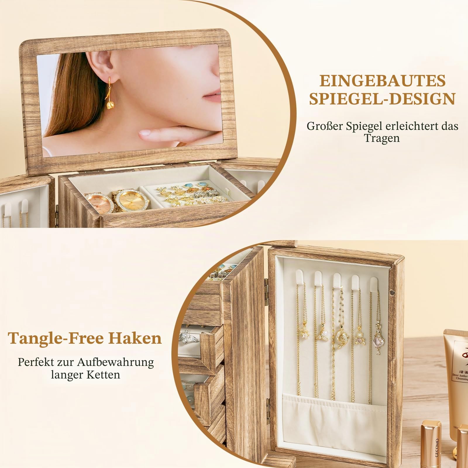 Große Schmuckschatulle und Organizer für Damen,für Halsketten Ohrringe Armbänder Ringe, 4 Ebenen Schmuck Organizer Schmuckbox mit Schubladen und Spiegel (Braun)