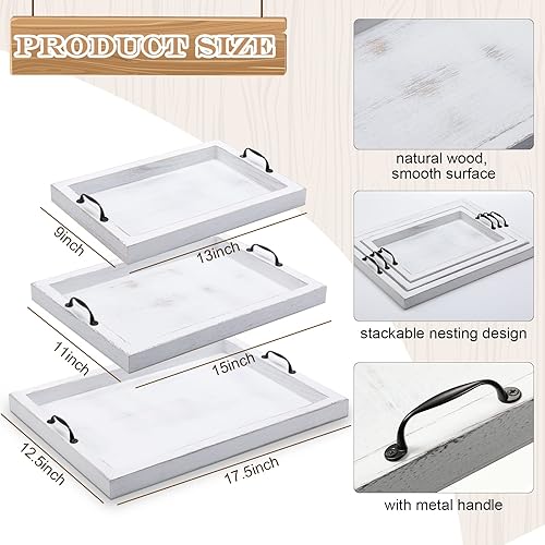 Miniatura 3 de Didaey 3 bandejas de madera rústica con asas, bandejas para servir alimentos de granja, bandejas de madera vintage para servir platos para servir