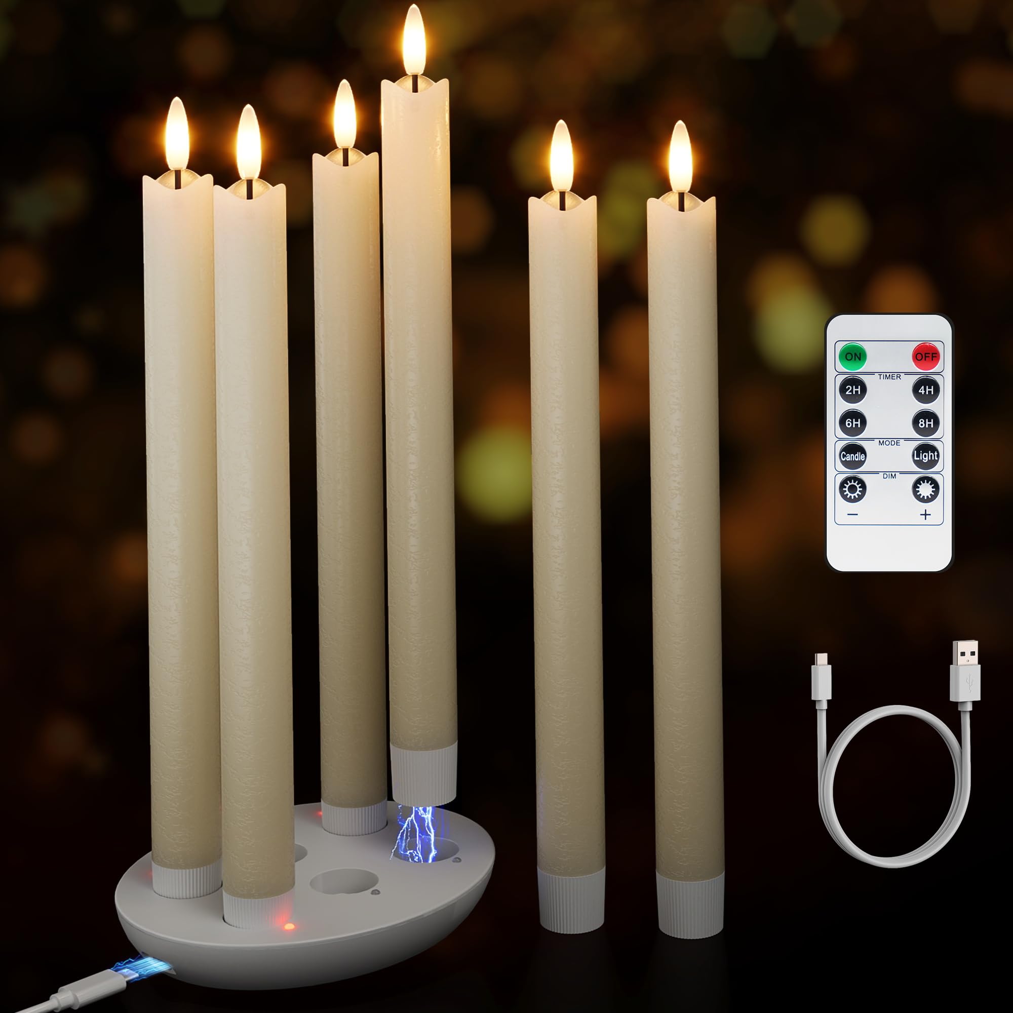 Rechargeable Flameless Taper Candles with Charging Station, 6 Pcs Real Wax LED Taper Candles Flickering with Remote&Timer, 3D Flame Battery Candlesticks for Home Wedding Christmas Decor (Ivory)Rechargeable Flameless Taper Candles with Chargi…