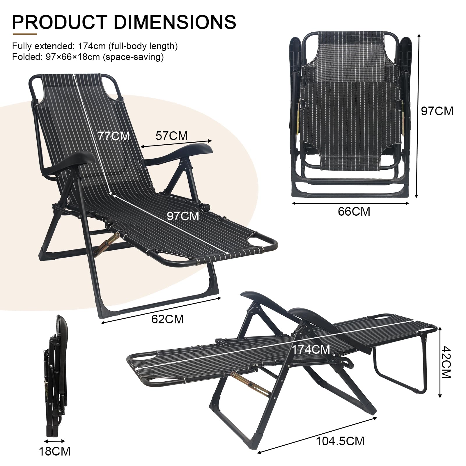 Tumbona plegable ligera, tumbona de jardín plegable con cojín reclinable de 7 posiciones, respaldo ajustable, tumbona de relax exterior con reposabrazos para patio, jardín, playa