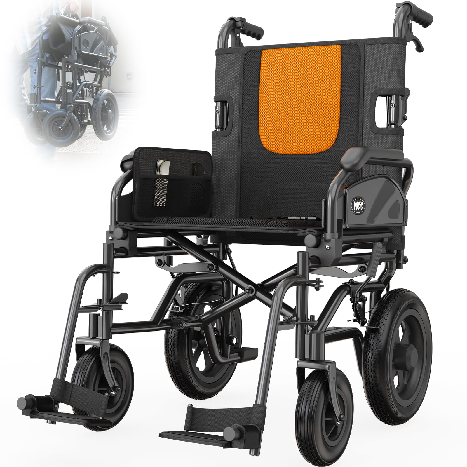 VOCIC Sedia a rotelle U11, pieghevole, leggera, 13 kg, sedia a rotelle per l'appartamento, pieghevole fino a 136 kg, seduta 46 cm, due freni, 30 cm, cuscino in rete 3D, sedie a rotelle strette
