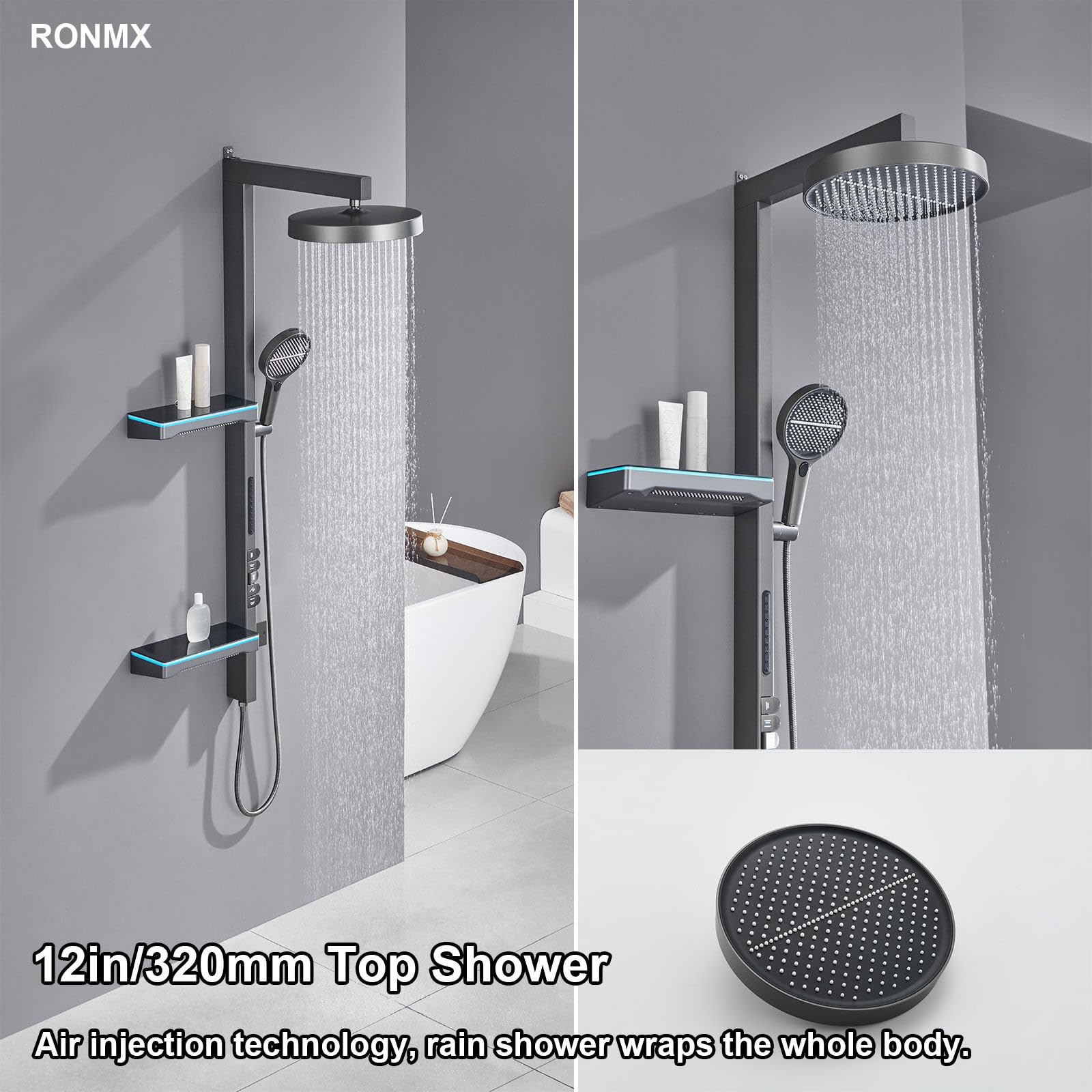 Sistema de Ducha Expuesto Mejorado 2025, Moderno Juego de Cabezal de Piano con 4 Modos (2 rociadores Laterales y 1 rociador Trasero), Grifo de 320 mm, Kit Completo de baño de Cobre