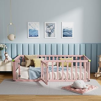 ROOMTEC Twin Size Montessori Floor Bed for Kids, Solid Wood Toddler Bed Frame w/Convertible Door and Safety Fence, Floor-Bed-Frame for Children Bedroom, Toddlers, Boys Girls, Kids Playroom, Pink