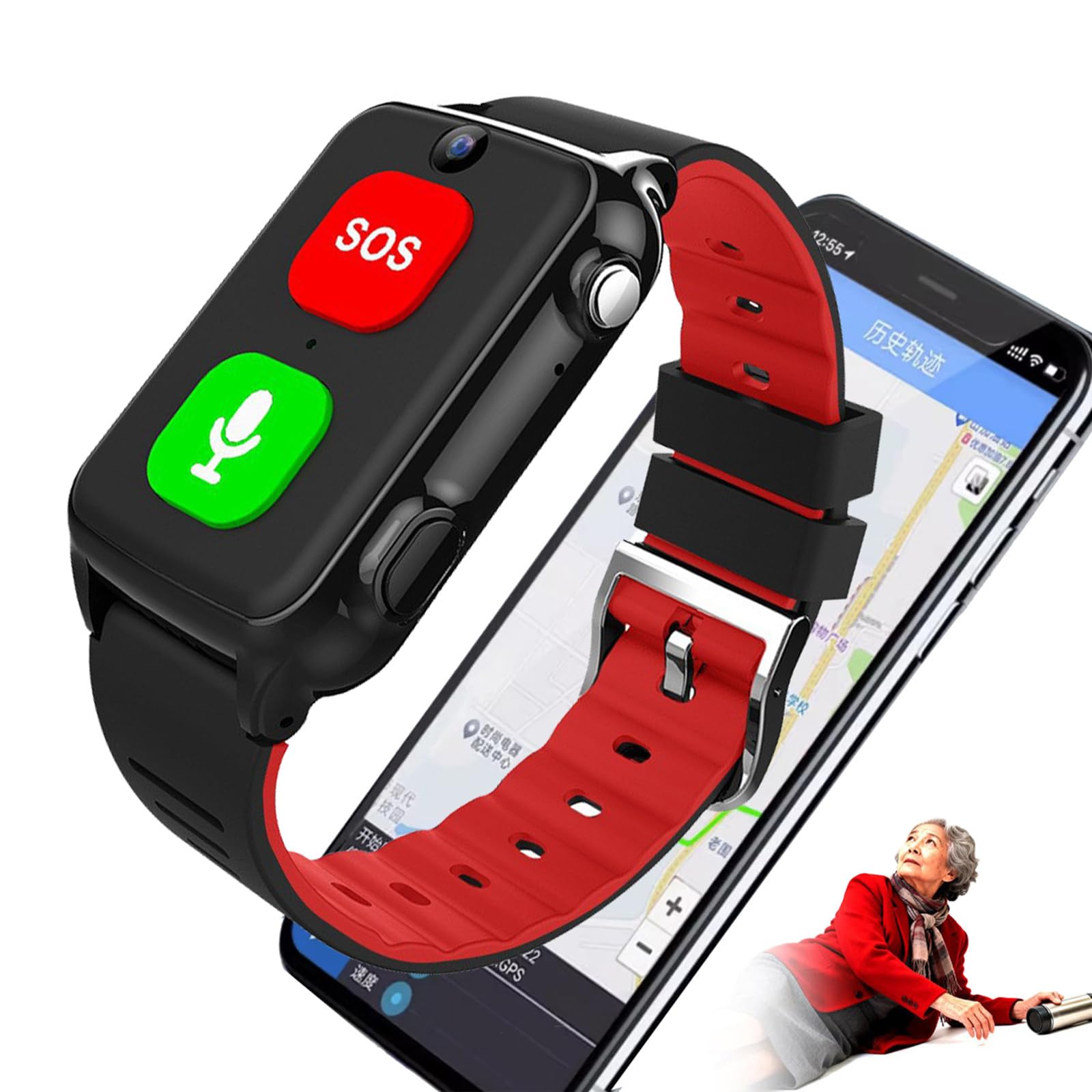 Bracelet Sos Seniors avec Détection De Chute, Montre GPS 4g pour Personnes âgées avec Fonction De Localisation Sos, Alerte De Chute Et Appel Vidéo. Red