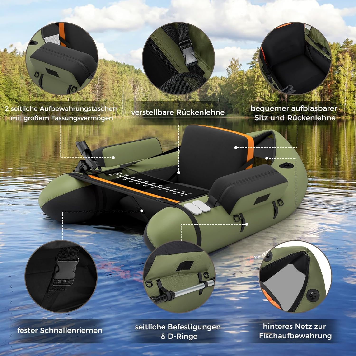 FANTASK Gonfiabile Schlauchboot, barca da pesca con pompa, remi, cinture, Bellyboat per adulti, capacità di carico 150 kg, 135 x 109 x 54 cm (Verde)