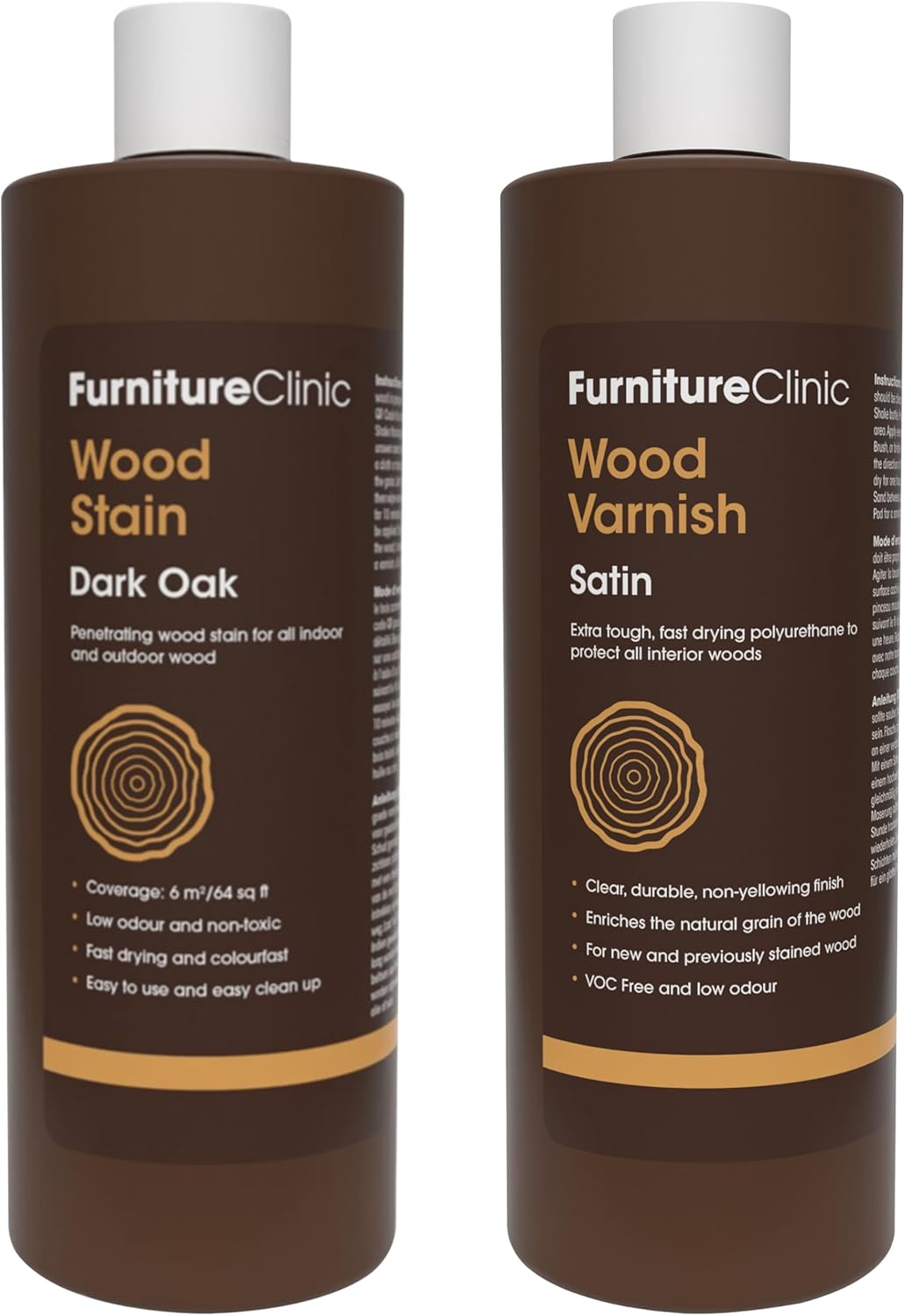 Furniture Clinic 17 oz Dark Oak Wood Stain + 500ml Satin Wood Varnish | Water Based | Fast Drying, Low Odor, & Non-Toxic | for Indoor & Outdoor Furniture and More